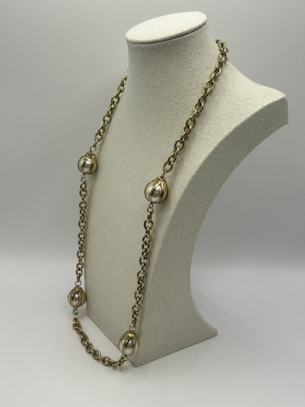 Vintage Gold Tone Chain Faux Pearl Bead Station Necklace Long 30” Cottagecore - Picture 9 of 15